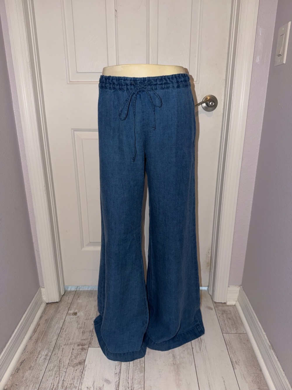 CP Shades Chambray Blue Wide Leg Linen Drawstring Pants